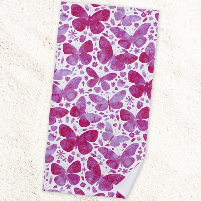 Butterflies Watercolor Magenta Pink Beach Towel (Magenta hot pink watercolor butterfly pattern art beach towel)