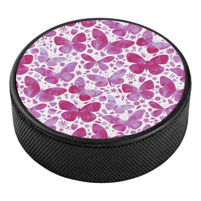 Butterflies Watercolor Magenta Pink Hockey Puck (3/4)