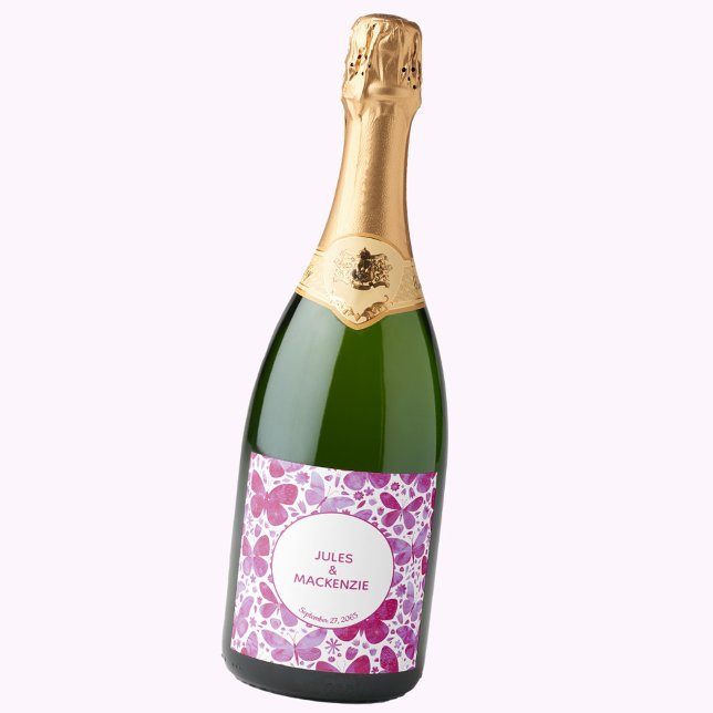 Butterflies Watercolor Magenta Pink Modern Boho Sparkling Wine Label (Butterfly watercolor modern wedding personalized sparkling wine bottle label)