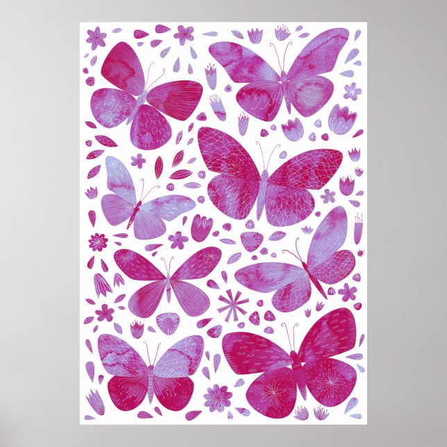 Butterflies Watercolor Magenta Pink Poster (Front)