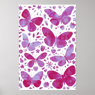 Butterflies Watercolor Magenta Pink Poster