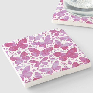 Butterflies Watercolor Magenta Pink Stone Coaster