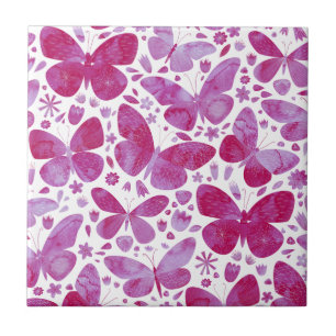 Butterflies Watercolor Magenta Pink Tile