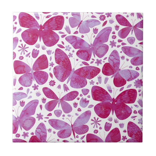 Butterflies Watercolor Magenta Pink Tile (Front)