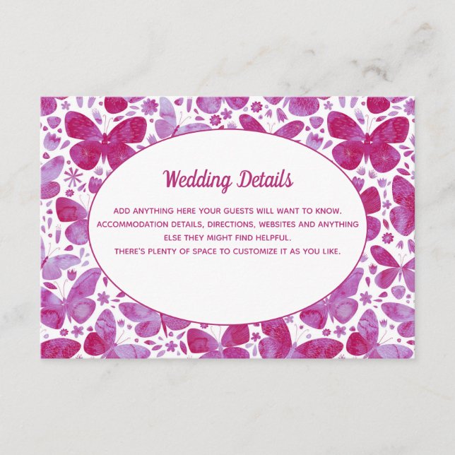 Butterflies Watercolor MagentaPink Wedding Details Enclosure Card (Front)