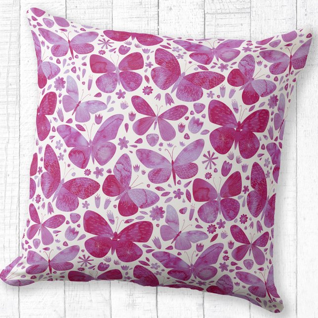 Butterflies Watercolor Pattern Pink Cushion (Watercolor butterfly pattern magenta pink and white throw pillow)