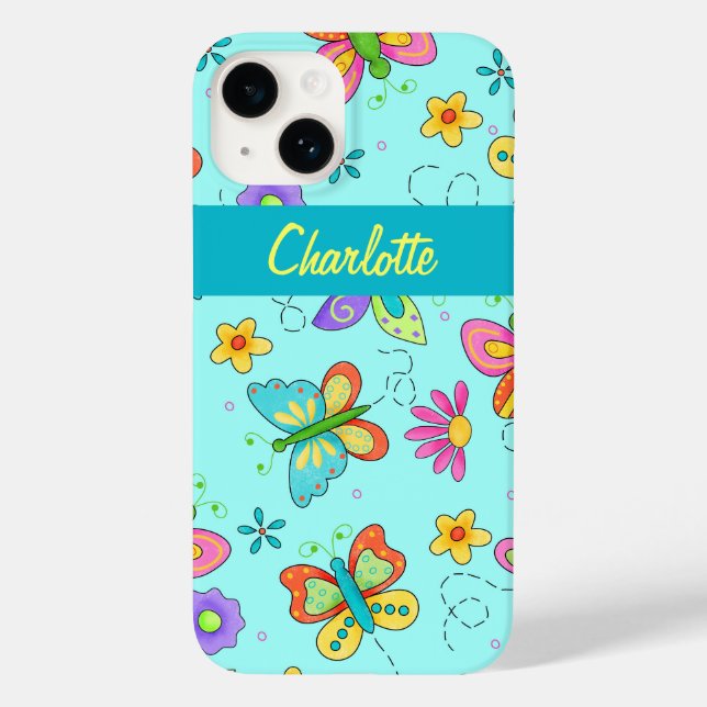 Butterflies Whimsy Turquoise Blue Name Personalise Case-Mate iPhone Case (Back)