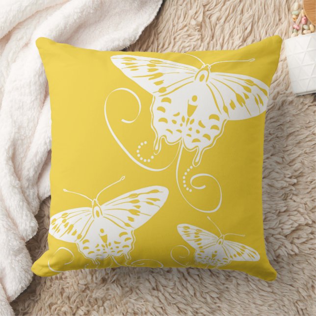 Butterflies White On Bright Yellow Pattern Cushion (Blanket)
