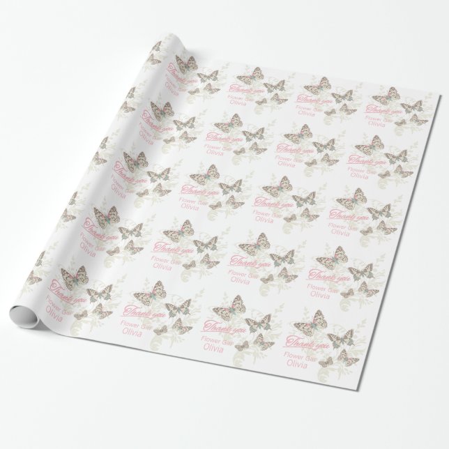 Butterflies white pink wedding favour thank you wrapping paper (Unrolled)