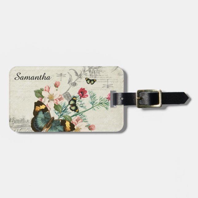 Butterflies Wildflowers Vintage Floral Ephemera Luggage Tag (Front Horizontal)