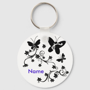 Butterflies with flowers black n white key chain