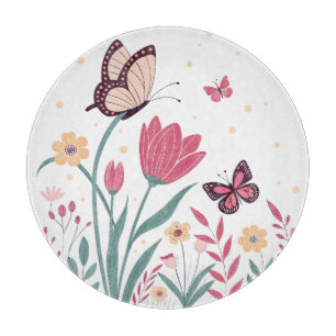 Butterflies with Pink Tulips and Yellow Daisies Cutting Board