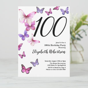 Butterfly 100th Birthday Invitation Pink /Purple