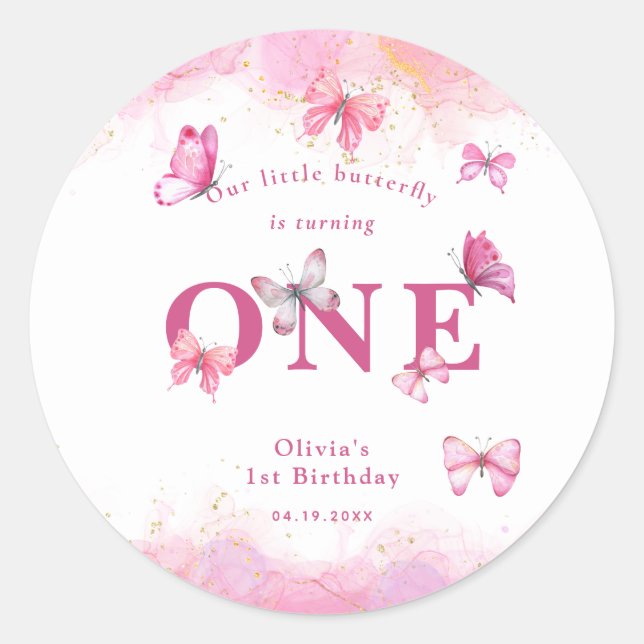Butterfly 1st Birthday Baby Girl Pink Gold Dust Classic Round Sticker (Front)