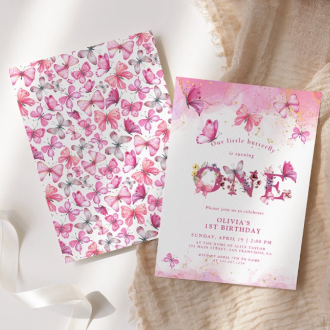 Butterfly 1st Birthday Baby Girl Pink Gold Dust Invitation (Creator Uploaded)