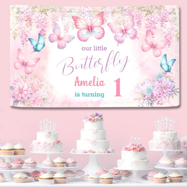 Butterfly 1st Birthday Girl Pink Summer Banner (Butterfly 1st Birthday Girl Pink Summer Banner)