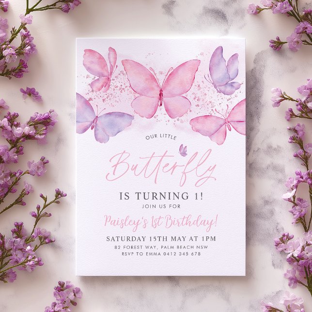 Butterfly 1st Birthday Invitation Pink Purple Girl (Our little butterfly is turning 1! Pink Purple Butterfly 1st birthday design)