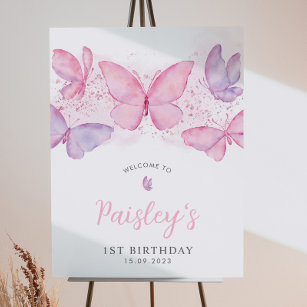 Butterfly 1st Birthday Pink Girl Welcome Sign