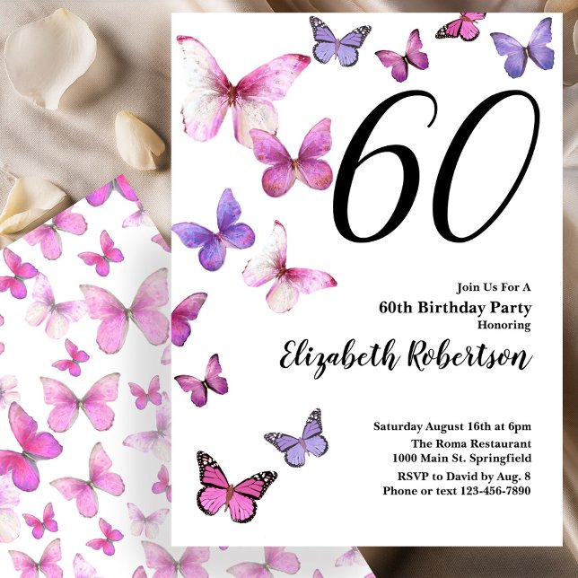 Butterfly 60th Birthday Invitation in Pink /Purple (Creator Uploaded)