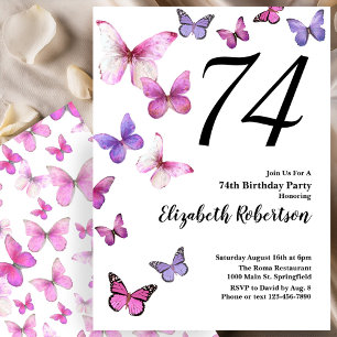 Butterfly 74th Birthday Invitation in Pink /Purple