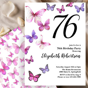 Butterfly 76th Birthday Invitation in Pink /Purple