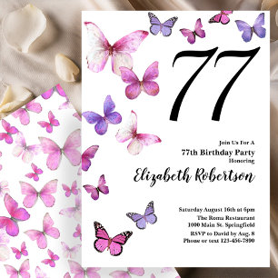 Butterfly 77th Birthday Invitation in Pink /Purple
