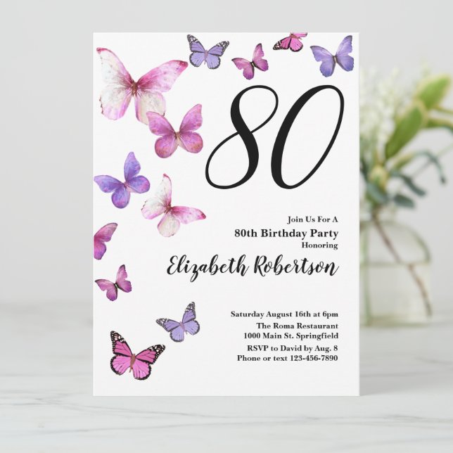 Butterfly 80th Birthday Invitation in Pink /Purple (Standing Front)