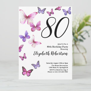 Butterfly 80th Birthday Invitation in Pink /Purple