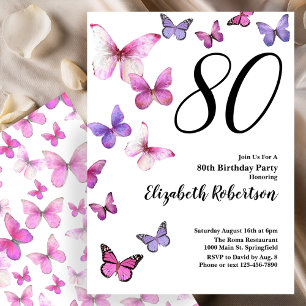 Butterfly 80th Birthday Invitation in Pink /Purple