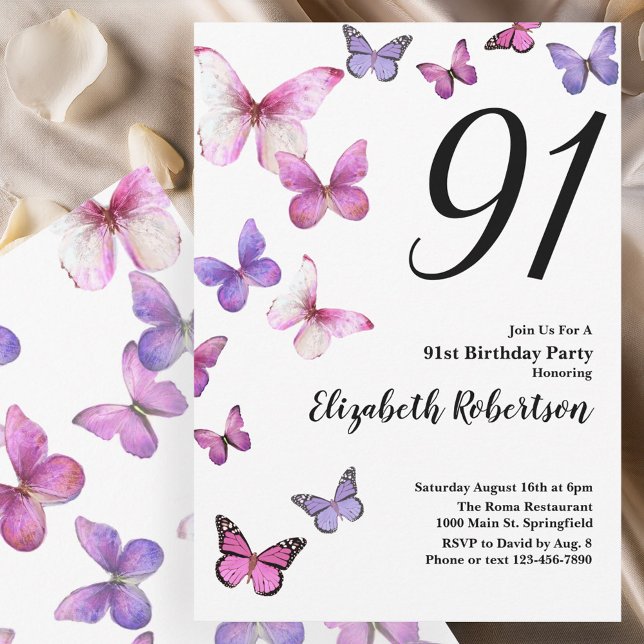Butterfly 91st Birthday Invitation in Pink /Purple (Creator Uploaded)