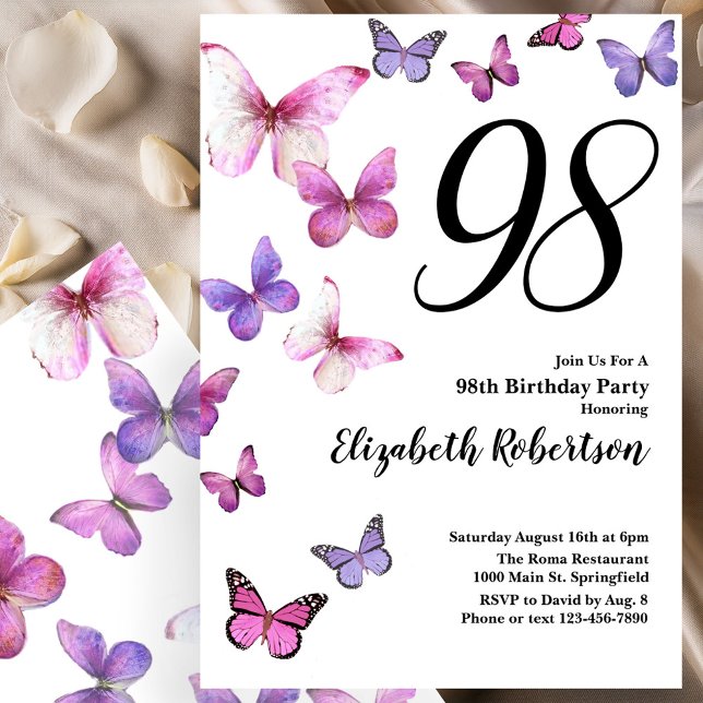 Butterfly 98th Birthday Invitation in Pink Purple (Creator Uploaded)