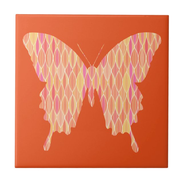 Butterfly, abstract pattern in pink, orange, peach tile (Front)