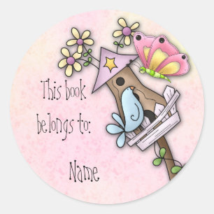 Butterfly and bird meeting at the birdhouse classic round sticker