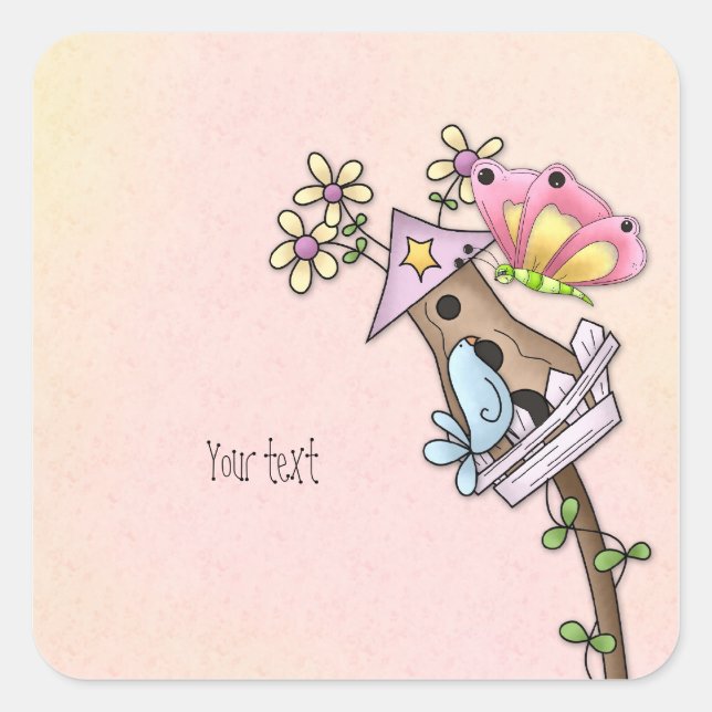 Butterfly and bird meeting at the birdhouse square sticker (Front)