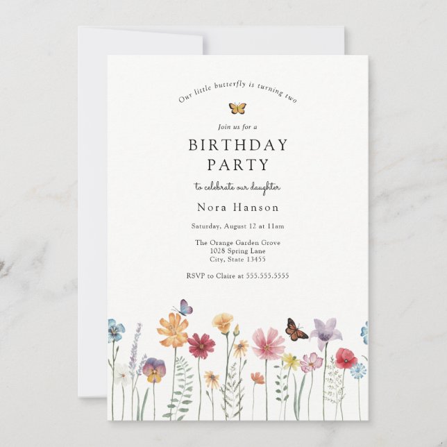 Butterfly and Blooming Wildflower Birthday Invitation (Front)