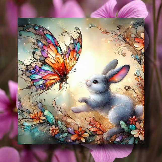 Butterfly And Bunny Colourful Stained Glass Easter Holiday Card (Creator Uploaded)