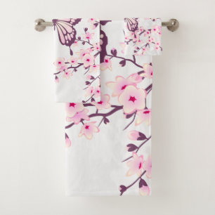 Butterfly And Cherry Blossom Pink White Bath Towel Set