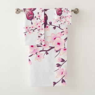 Butterfly And Cherry Blossoms Pink White Bath Towel Set