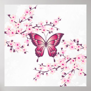 Butterfly And Cherry Blossoms Pink White Poster