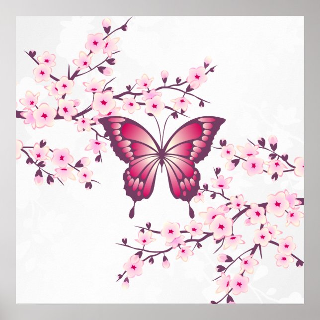 Butterfly And Cherry Blossoms Pink White Poster (Front)