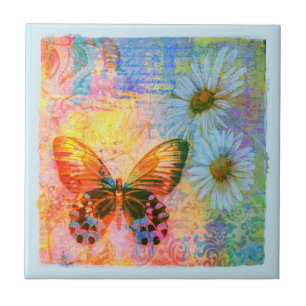 butterfly and daisies tile