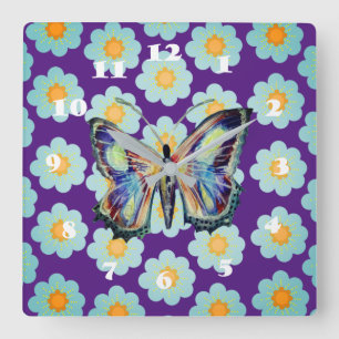 Butterfly and daisy flowers square wall clock