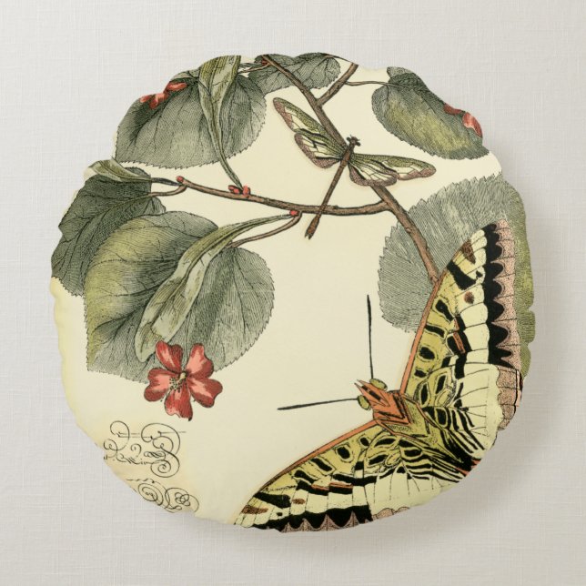 Butterfly and Dragonfly with Red Flowers Round Cushion (Front)