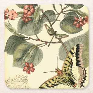 Butterfly and Dragonfly with Red Flowers Square Paper Coaster