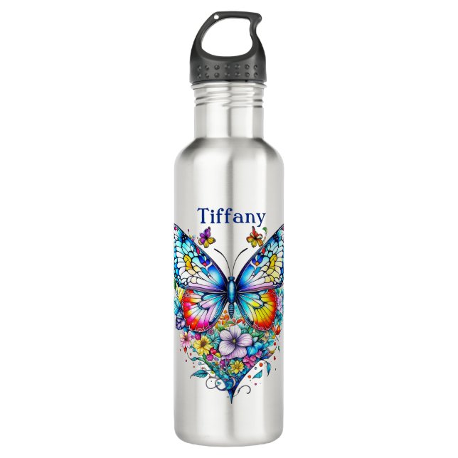 Butterfly and Floral Heart Personalised 710 Ml Water Bottle (Front)