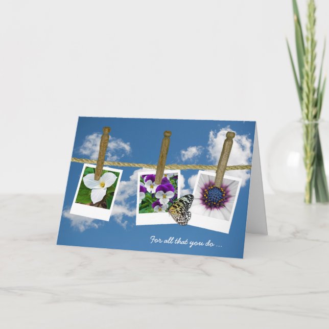 Butterfly and floral photos on clothesline thank you card (Front)