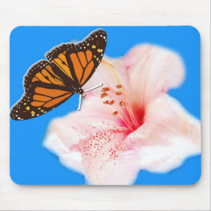 Butterfly and Flower Mousepad, pink rhododendron Mouse Pad