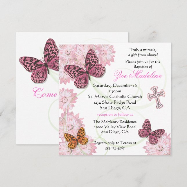 Butterfly and flowers Baptism Invitation (Front/Back)