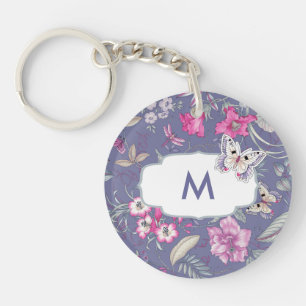 Butterfly and Flowers Custom Monogram Gift  Key Ring