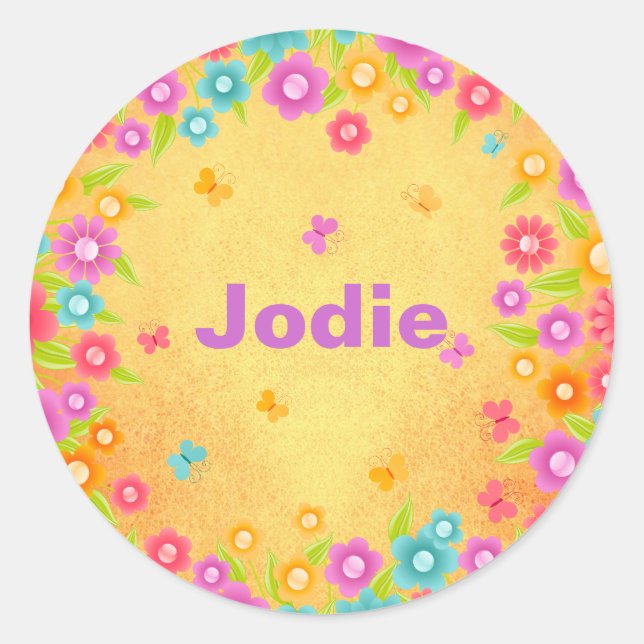 Butterfly and flowers name classic round sticker (Front)